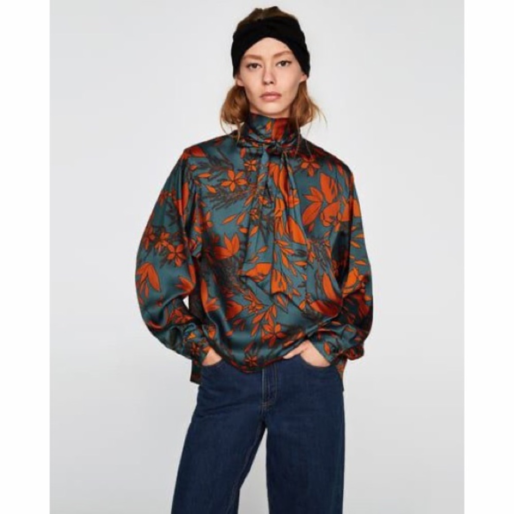 Zara Orange and Blue Patterned Blouse